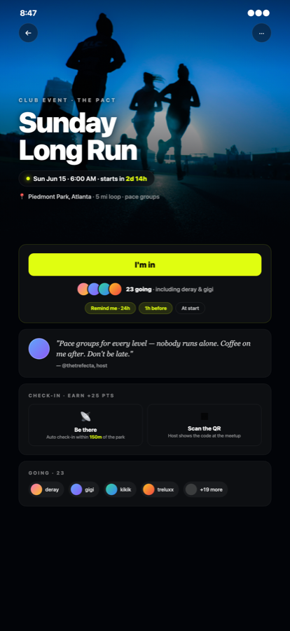 Fit Club event RSVP screen