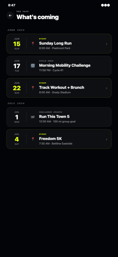 Fit Club calendar screen